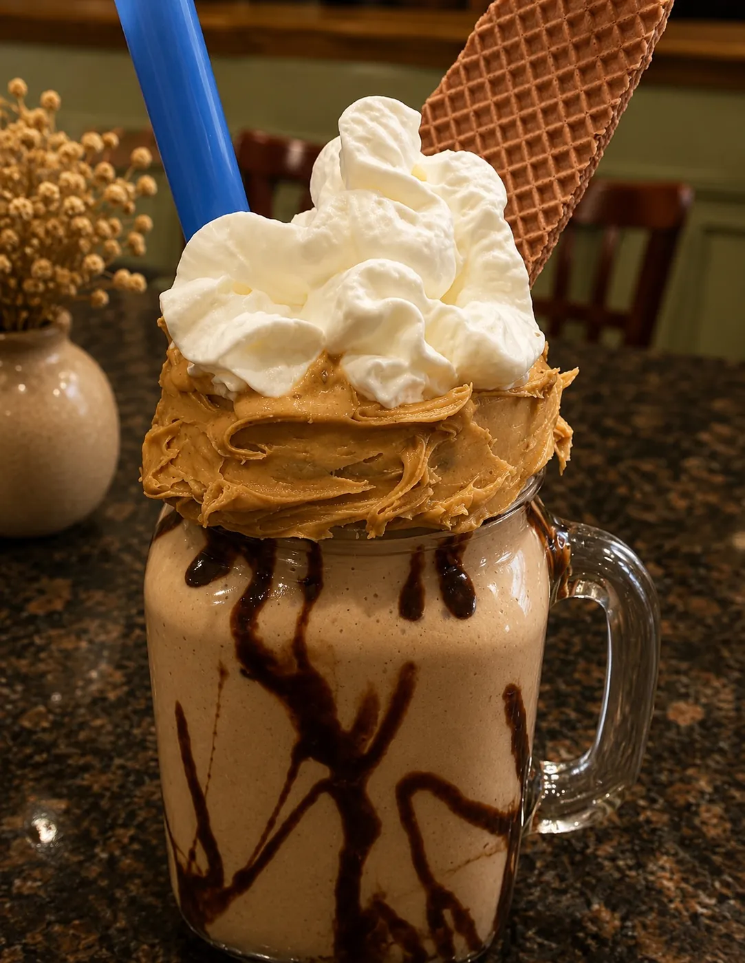 Tall blended drink topped with whipped cream and a waffle wedge