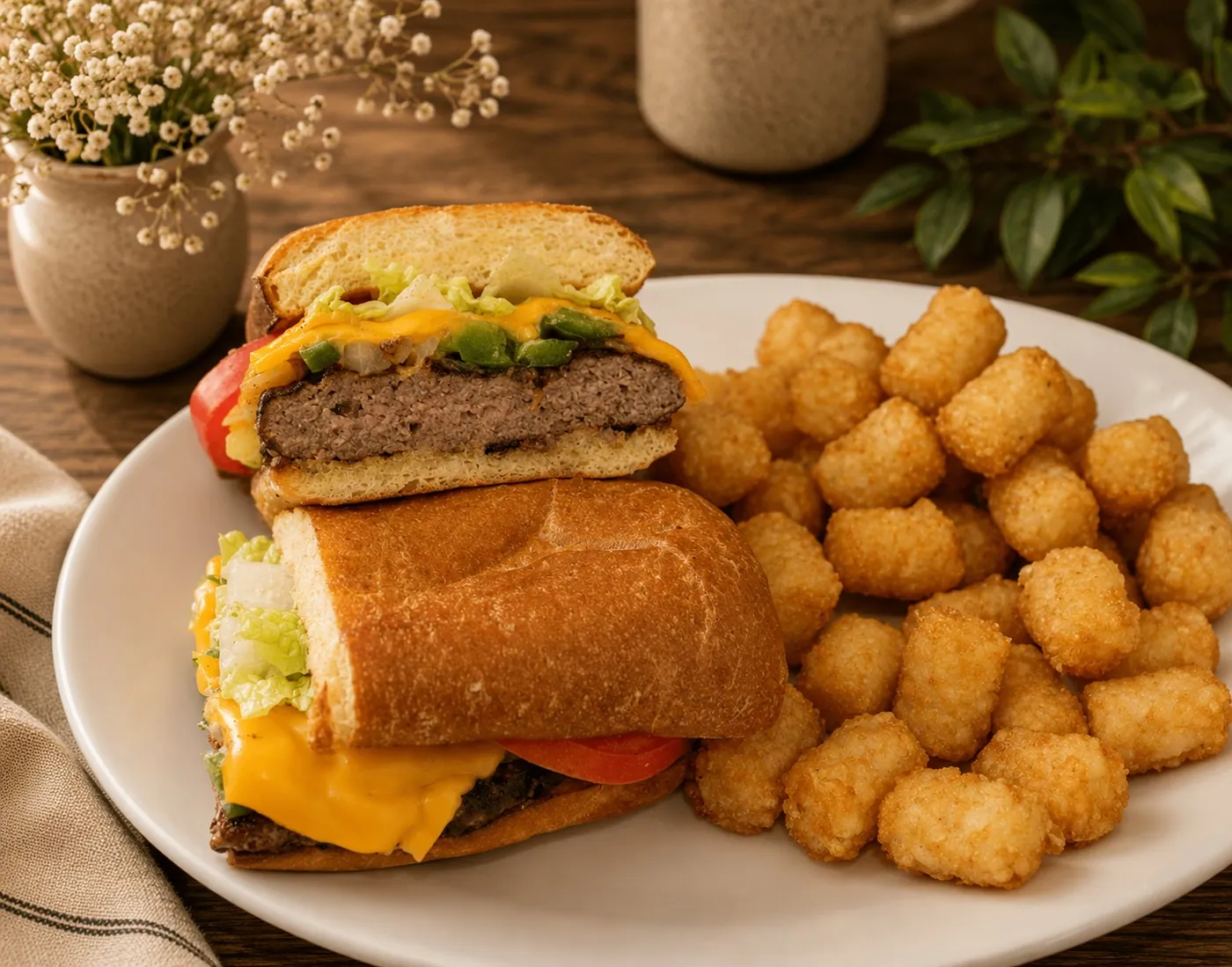 Burger served on a baguette roll with a side of tater tots