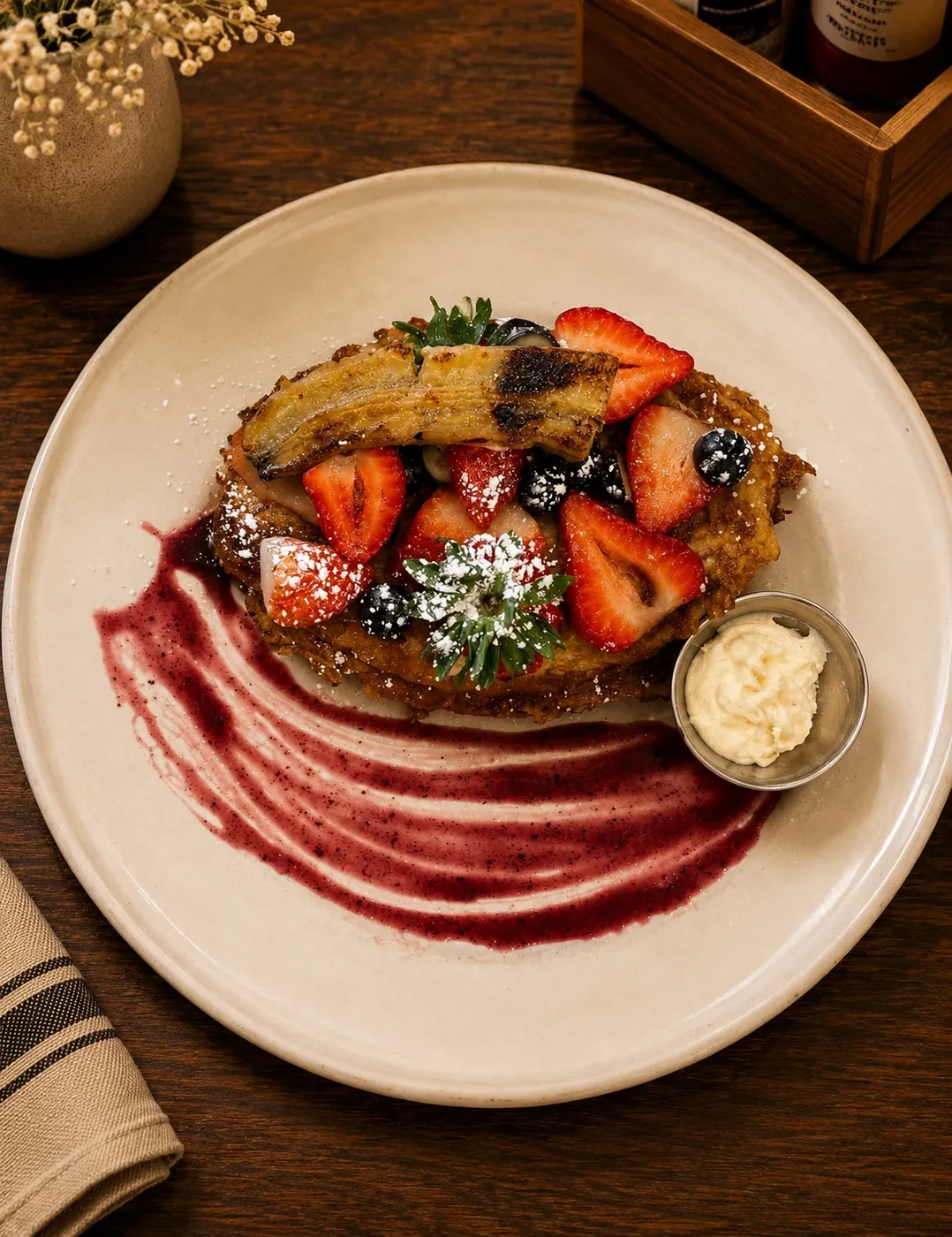 French toast topped with fresh berries over a fruit coulis