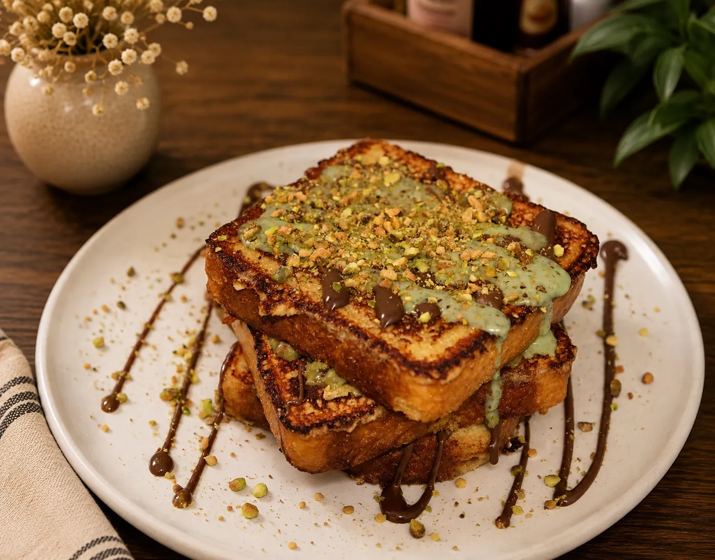Thick-cut French toast topped with green crumble and chocolate drizzle
