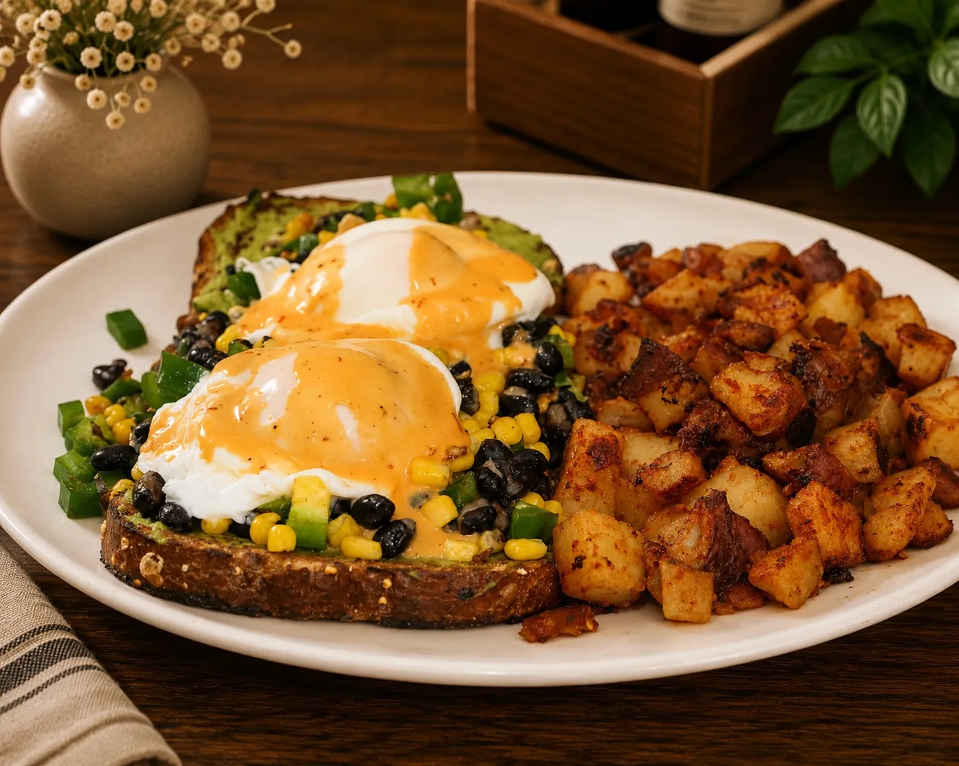 Poached eggs and hollandaise over avocado toast with breakfast potatoes