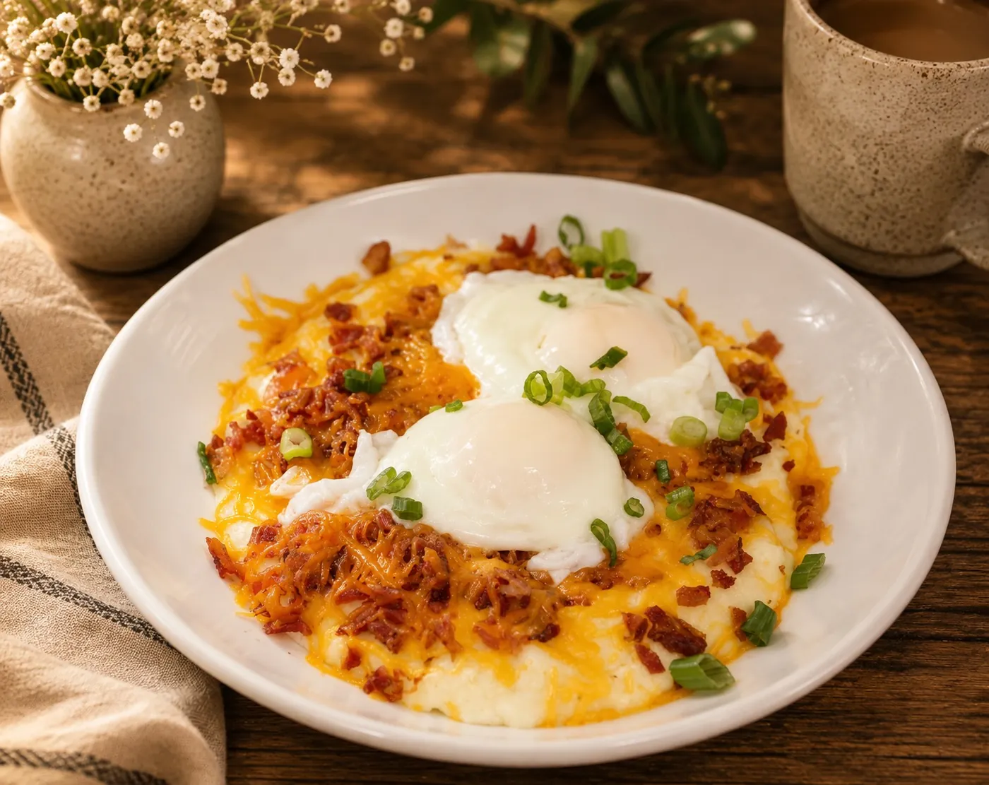 Poached eggs over melted cheese and potatoes with bacon and scallions